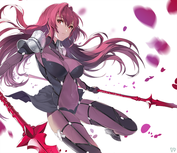 Anime picture 1000x867 with fate (series) fate/grand order scathach (fate) (all) scathach (fate) damda single long hair looking at viewer blush fringe breasts light erotic simple background hair between eyes red eyes large breasts white background holding signed purple hair