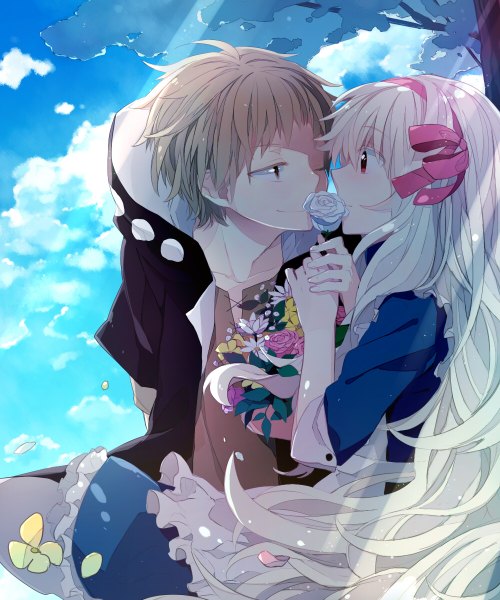 Anime picture 1000x1200 with kagerou project shaft (studio) mary (kagerou project) kano shuuya hoshiyui tsukino (artist) tall image blonde hair red eyes brown eyes sky cloud (clouds) one eye closed wink open clothes open jacket face to face girl dress boy flower (flowers)