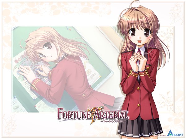 Anime picture 1280x960 with fortune arterial august soft yuuki haruna bekkankou long hair looking at viewer blush open mouth blonde hair brown eyes ahoge :d pleated skirt copyright name girl skirt uniform school uniform
