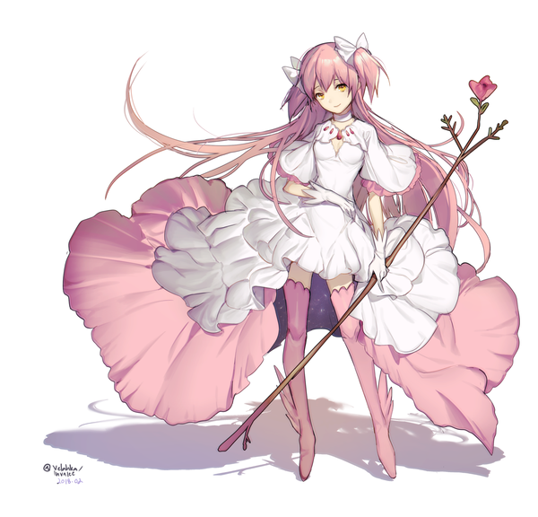 Anime picture 1741x1673 with mahou shoujo madoka magica shaft (studio) kaname madoka goddess madoka lnvalee single looking at viewer fringe highres simple background smile standing white background signed yellow eyes pink hair full body very long hair shadow two side up