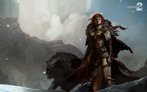 Anime picture 1920x1200 with guild wars 2 single long hair highres breasts standing sky cloud (clouds) red hair wind lips official art tattoo snowing winter snow eyebrows mountain warrior girl