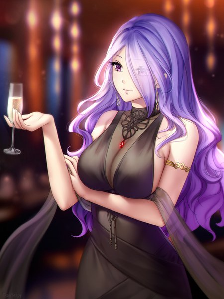 Anime picture 750x1000 with fire emblem fire emblem fates nintendo camilla (fire emblem) gigamessy single long hair tall image blush fringe breasts light erotic standing purple eyes holding looking away cleavage purple hair upper body arm up