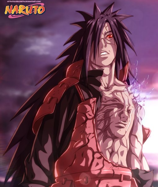 Anime picture 1000x1176 with naruto studio pierrot naruto (series) uchiha madara silvercore94 single long hair tall image fringe black hair red eyes sky cloud (clouds) sunlight hair over one eye inscription coloring torn clothes magic muscle