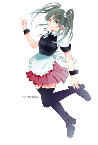 Anime picture 1900x2800 with kantai collection zuikaku aircraft carrier tebi (tbd11) single long hair tall image looking at viewer blush highres open mouth simple background standing white background twintails green eyes signed silver hair maid alternate costume zettai ryouiki