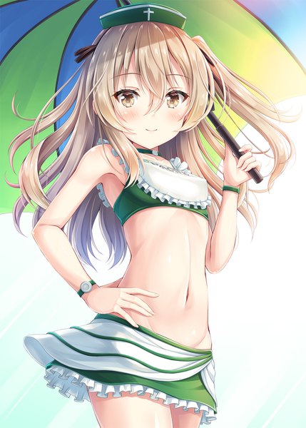 Anime picture 1100x1539 with girls und panzer shimada arisu akashio (loli ace) single long hair tall image looking at viewer blush fringe breasts light erotic blonde hair simple background smile hair between eyes standing white background holding yellow eyes hand on hip