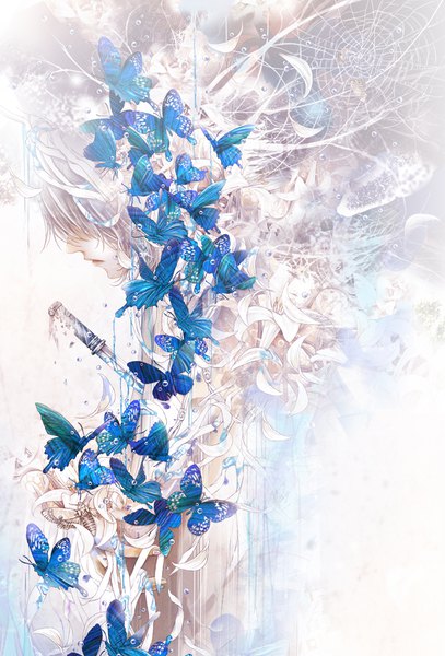 Anime picture 679x1000 with original paw (brtabby) single tall image fringe short hair silver hair profile hair over one eye holding arm boy flower (flowers) petals insect butterfly bandage (bandages) water drop knife lily (flower) spider web