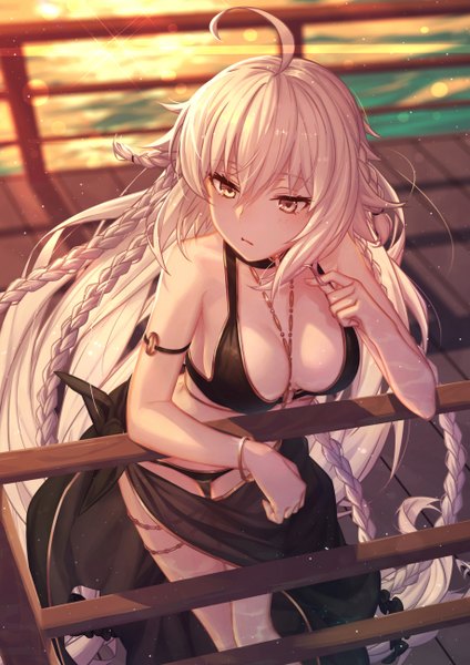 Anime picture 918x1300 with fate (series) fate/grand order jeanne d'arc (fate) (all) jeanne d'arc alter (fate) jeanne d'arc alter (swimsuit berserker) (fate) m-ya single tall image blush fringe breasts light erotic hair between eyes large breasts standing bare shoulders yellow eyes looking away silver hair ahoge