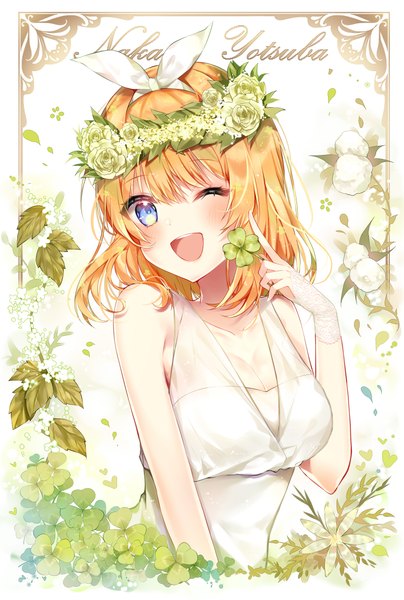 Anime picture 1594x2362 with go-toubun no hanayome nakano yotsuba taya oco single tall image looking at viewer blush fringe short hair open mouth blue eyes blonde hair smile hair between eyes bare shoulders holding cleavage upper body one eye closed wink