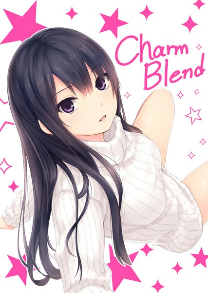 Anime picture 729x1024 with original shiramine rika coffee-kizoku single long hair tall image looking at viewer open mouth black hair smile white background purple eyes looking back arm support bare legs spread legs turning head girl star (symbol) sweater
