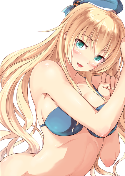 Anime picture 627x885 with kantai collection atago heavy cruiser ichikawa feesu single long hair tall image looking at viewer blush fringe breasts open mouth light erotic simple background blonde hair smile hair between eyes white background twintails bare shoulders head tilt
