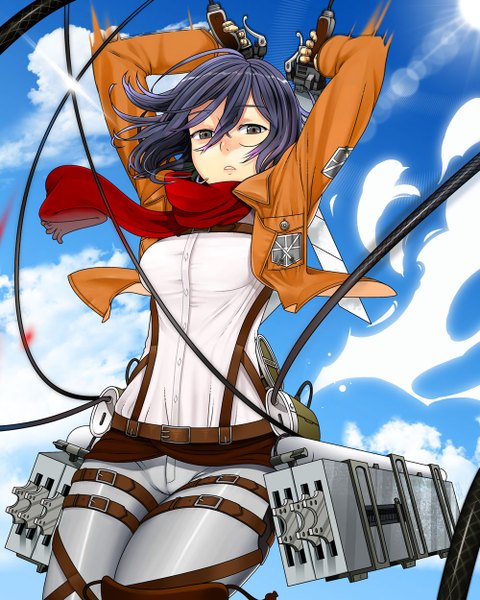 Anime picture 1000x1250 with shingeki no kyojin production i.g mikasa ackerman alcoholrang single tall image short hair black hair holding brown eyes open clothes open jacket dual wielding girl weapon sword scarf red scarf