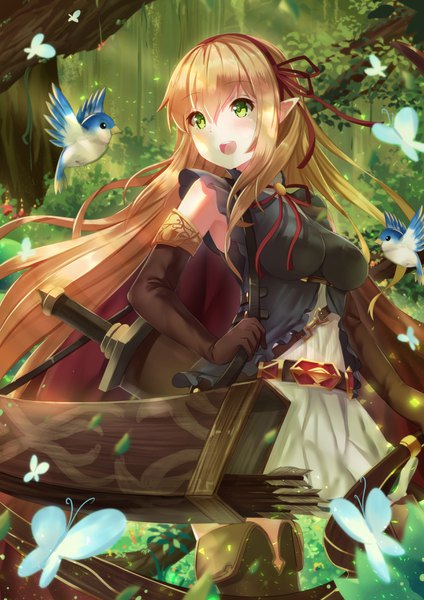 Anime picture 2480x3508 with shadowverse arisa (shadowverse) holmemee single long hair tall image blush fringe highres breasts open mouth blonde hair smile hair between eyes standing holding green eyes payot looking away outdoors