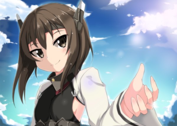 Anime picture 1200x854 with kantai collection taihou armored aircraft carrier bin1998 single looking at viewer blush short hair black hair smile brown eyes sky cloud (clouds) girl dress armor
