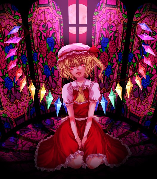 Anime picture 1800x2048 with touhou flandre scarlet yuha (yh-krm) tall image highres short hair open mouth blonde hair red eyes one side up girl wings headdress rose (roses) crystal stained glass