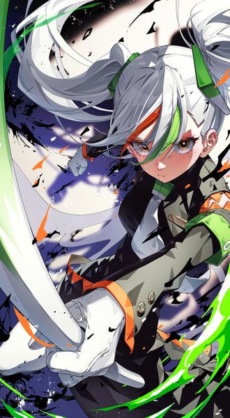 Anime-Bild 2117x3851 mit vocaloid project voltage hatsune miku fighting miku (project voltage) husan single long hair tall image looking at viewer fringe highres hair between eyes twintails brown eyes silver hair multicolored hair streaked hair girl gloves weapon