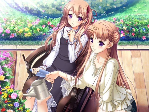Anime picture 1024x768 with walkure romanze noel marres ascot mireille marres ascot long hair blush brown hair sitting purple eyes multiple girls game cg light smile girl dress flower (flowers) 2 girls watering can wheelchair