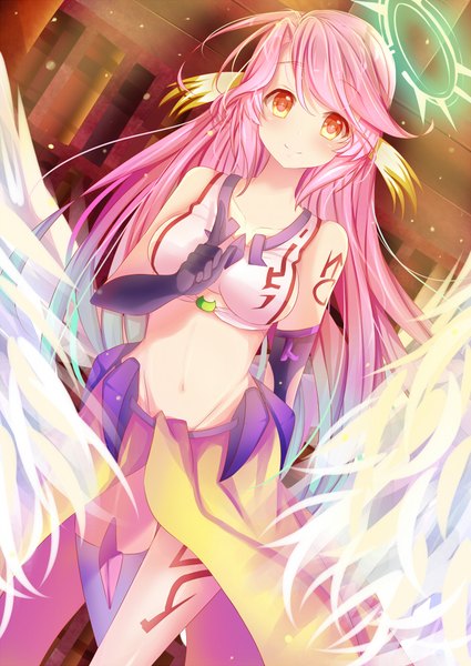 Anime picture 700x989 with no game no life madhouse jibril (no game no life) venn (vebonbon) single long hair tall image looking at viewer blush fringe breasts light erotic smile standing bare shoulders yellow eyes payot pink hair ahoge bare belly