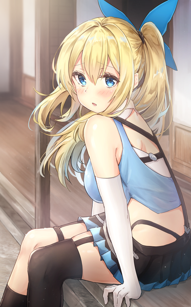 Anime picture 2055x3300 with virtual youtuber mirai akari project mirai akari haru (re ilust) single long hair tall image looking at viewer blush fringe highres breasts open mouth blue eyes blonde hair hair between eyes large breasts sitting bare shoulders ponytail