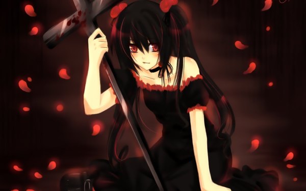 Anime picture 1280x800 with vocaloid zatsune miku single long hair looking at viewer blush black hair red eyes wide image twintails bare shoulders hair flower girl dress hair ornament petals black dress cross