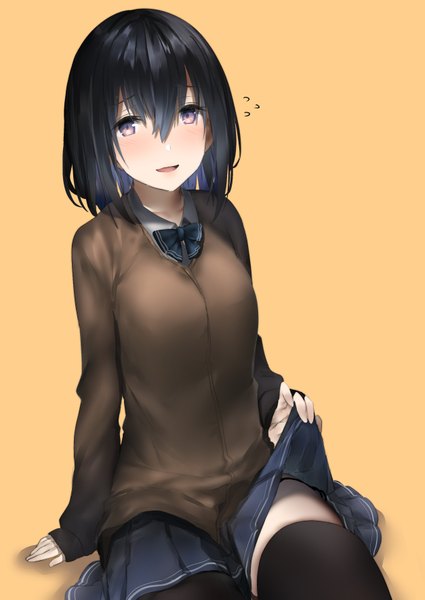 Anime picture 1254x1771 with original araido kagiri single tall image looking at viewer blush fringe short hair breasts open mouth light erotic black hair simple background smile hair between eyes sitting long sleeves :d pleated skirt pink eyes