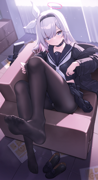 Anime-Bild 2000x3667 mit blue archive plana (blue archive) dango remi single long hair tall image looking at viewer blush fringe highres blue eyes light erotic silver hair full body bent knee (knees) indoors blunt bangs braid (braids) pleated skirt from above