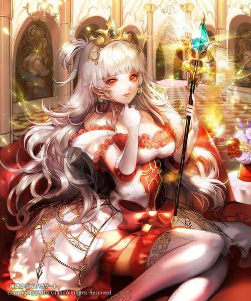 Anime picture 700x840 with kamigoku no valhalla gate dapang single long hair tall image looking at viewer fringe breasts red eyes sitting bare shoulders bent knee (knees) white hair indoors light checkered floor floor girl thighhighs dress