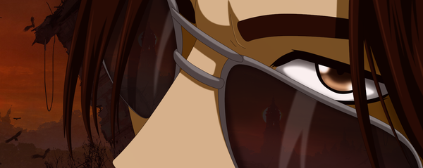 Anime picture 1600x639 with the breaker shi-woon yi flowerinhell single looking at viewer short hair brown hair wide image brown eyes sky reflection close-up mountain face manga boy animal glasses bird (birds) moon