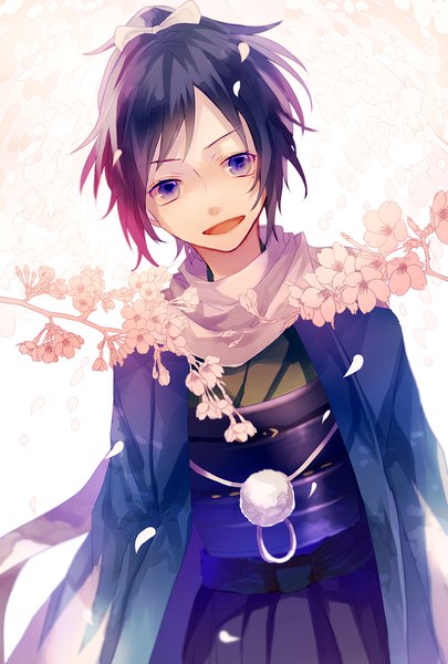 Anime picture 553x819 with touken ranbu nitroplus yamato no kami yasusada hanamori single tall image looking at viewer short hair open mouth black hair purple eyes upper body traditional clothes head tilt japanese clothes cherry blossoms shinsengumi boy scarf haori