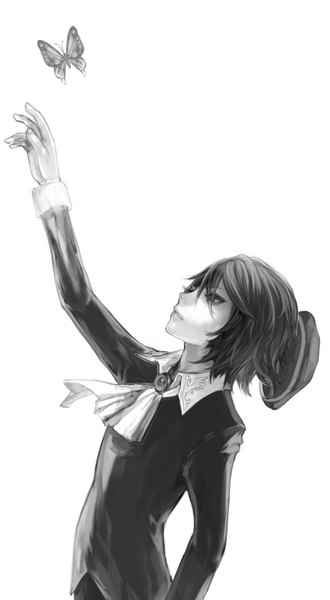 Anime picture 1100x2000 with umineko no naku koro ni kanon (umineko) tcb (pixiv) single tall image short hair simple background white background arms up monochrome boy insect butterfly beret