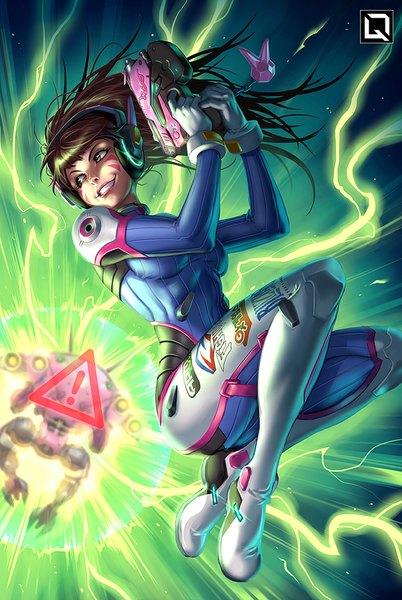 Anime picture 604x900 with overwatch blizzard entertainment d.va (overwatch) meka (overwatch) quirkilicious single long hair tall image fringe smile brown hair brown eyes signed looking away full body teeth tattoo facial mark jumping whisker markings