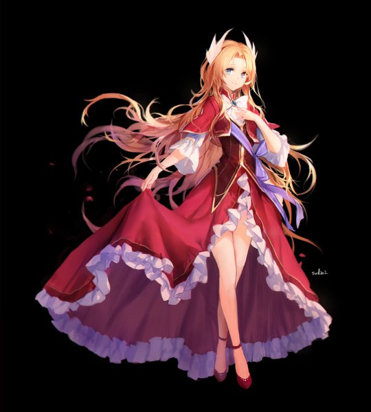 Anime picture 2126x2362 with eiyuu densetsu alfin reise arnor swd3e2 single long hair tall image looking at viewer highres blue eyes blonde hair simple background smile standing signed full body light smile wind bare legs hand on chest black background