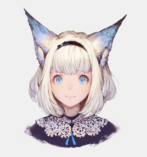 Anime picture 900x960 with original wadanaka single tall image looking at viewer fringe short hair blue eyes simple background smile animal ears upper body white hair cat ears grey background cat girl lipstick pink lipstick girl headband