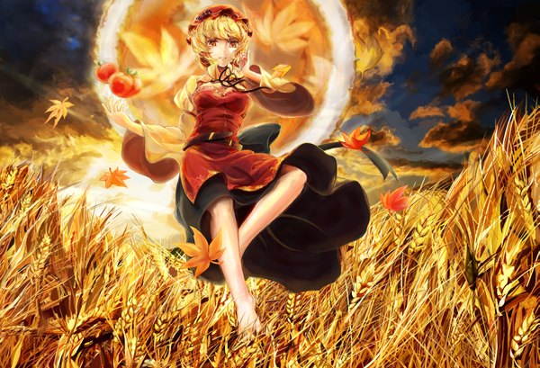 Anime picture 3317x2264 with touhou aki minoriko poyan noken single looking at viewer highres short hair absurdres cloud (clouds) barefoot wind orange hair wide sleeves orange eyes field girl dress ribbon (ribbons) hat leaf (leaves)