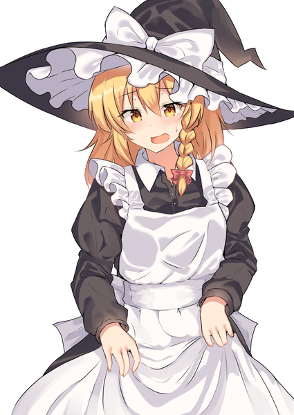 Anime picture 1451x2048 with touhou kirisame marisa kmuccu single long hair tall image looking at viewer blush fringe open mouth simple background blonde hair hair between eyes standing white background yellow eyes payot braid (braids) head tilt maid