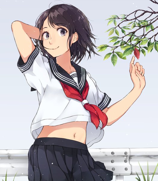 Anime-Bild 700x800 mit original maruhana single tall image short hair black hair simple background smile standing purple eyes looking away upper body outdoors pleated skirt wind grey background arms up bare belly short sleeves midriff