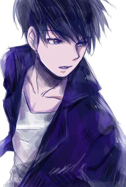 Anime picture 1181x1748 with osomatsu-san matsuno karamatsu saamon (dream81come) single tall image short hair open mouth blue eyes black hair simple background white background looking away upper body open jacket boy jacket