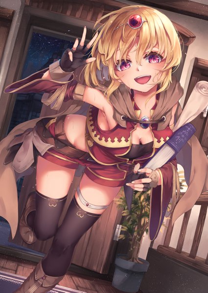 Anime picture 1791x2529 with original mizuiro raika single tall image blush fringe highres short hair breasts open mouth light erotic blonde hair smile hair between eyes purple eyes holding payot cleavage indoors head tilt
