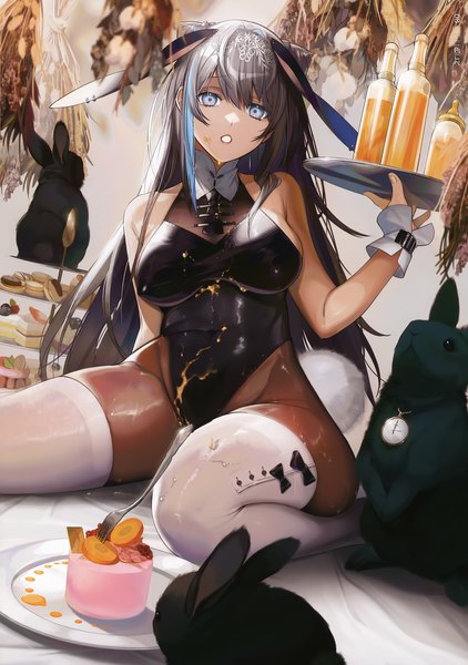 Anime picture 2530x3600 with original nishikikope single long hair tall image looking at viewer fringe highres breasts blue eyes light erotic black hair hair between eyes large breasts sitting animal ears payot bent knee (knees) tail animal tail