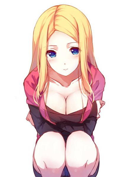 Anime picture 615x872 with original emma (caidychen) caidychen single long hair tall image looking at viewer blush breasts blue eyes light erotic simple background blonde hair large breasts white background cleavage light smile crossed arms squat girl