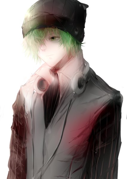 Anime picture 1240x1748 with original sa'yuki single tall image fringe short hair green eyes looking away green hair hair over one eye headphones around neck boy shirt headphones vest