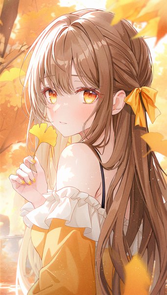 Anime picture 1421x2500 with original funii single long hair tall image looking at viewer blush fringe hair between eyes brown hair holding upper body outdoors nail polish turning head multicolored eyes autumn yellow nail polish girl bow