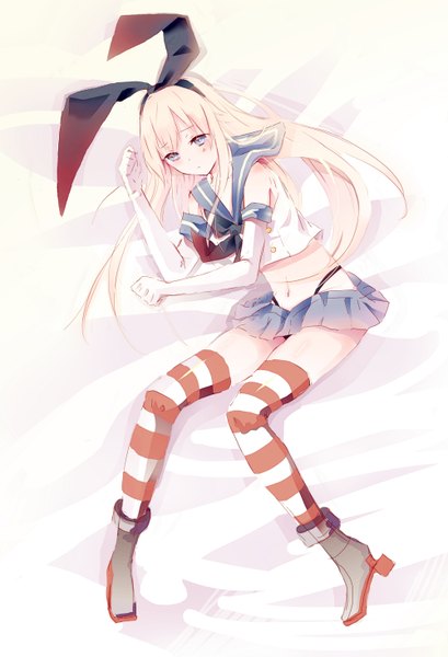 Anime picture 2000x2931 with kantai collection shimakaze destroyer pudding (8008208820) single long hair tall image blush highres blue eyes blonde hair full body lying girl thighhighs gloves navel miniskirt elbow gloves striped thighhighs sailor suit