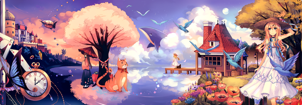 Anime-Bild 2002x700 mit original kirero (pixiv) long hair blonde hair brown hair wide image standing multiple girls sky cloud (clouds) traditional clothes japanese clothes abstract girl dress flower (flowers) plant (plants) hat animal tree (trees)