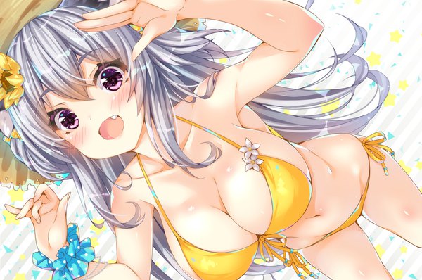 Anime picture 1806x1200 with original oziko (ojitcha) ojitcha single long hair looking at viewer blush fringe highres breasts open mouth light erotic simple background smile hair between eyes large breasts purple eyes bare shoulders animal ears cleavage