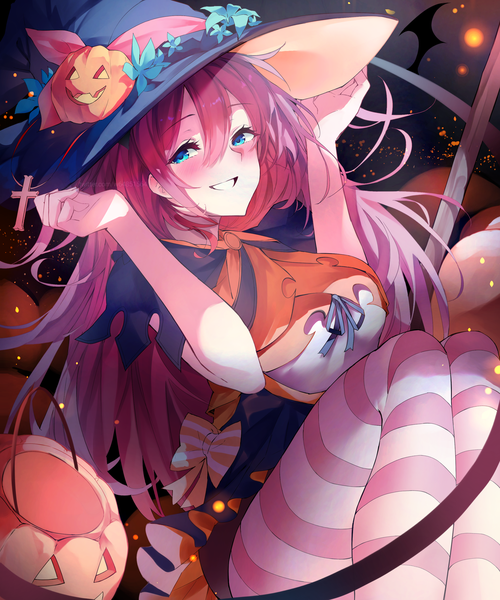 Anime picture 2500x3000 with original w (w64851564) single long hair tall image looking at viewer blush fringe highres blue eyes smile hair between eyes sitting pink hair grin halloween girl hat pantyhose witch hat