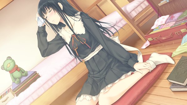 Anime picture 1280x720 with flowers (innocent grey) innocent grey shirahane suou single long hair black hair wide image game cg eyes closed girl dress uniform school uniform socks bed white socks