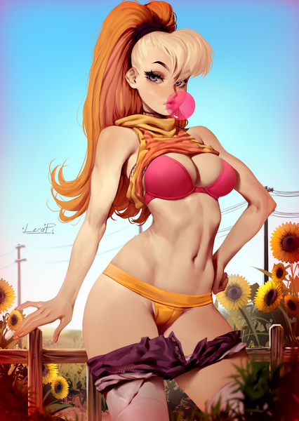 Anime picture 3263x4600 with looney tunes warner bros lola bunny lerapi single long hair tall image looking at viewer fringe highres breasts blue eyes light erotic blonde hair hair between eyes large breasts standing signed absurdres sky
