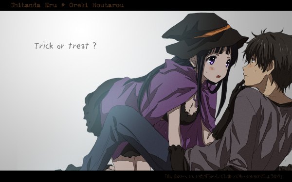 Anime picture 1200x750 with hyouka kyoto animation chitanda eru oreki houtarou rito453 long hair blush short hair open mouth black hair wide image purple eyes green eyes inscription couple girl dress boy gloves witch hat