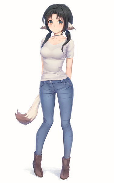 Anime picture 1200x1920 with utawareru mono eruruw miura-n315 single long hair tall image looking at viewer breasts black hair simple background standing white background twintails brown eyes animal ears full body tail animal tail light smile short sleeves