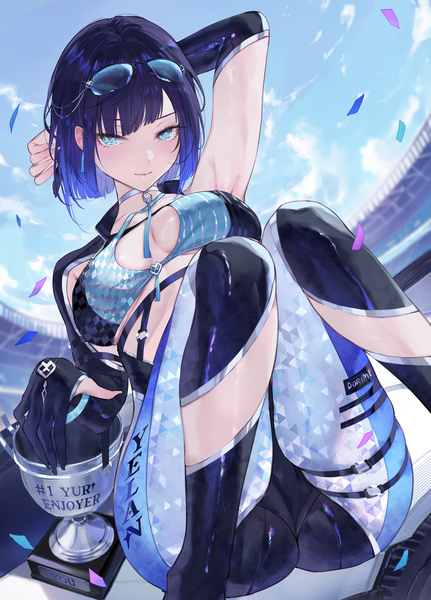 Anime picture 4477x6237 with genshin impact yelan (genshin impact) qiandaiyiyu single tall image looking at viewer blush fringe highres short hair breasts blue eyes light erotic smile large breasts sitting blue hair absurdres sky cloud (clouds)